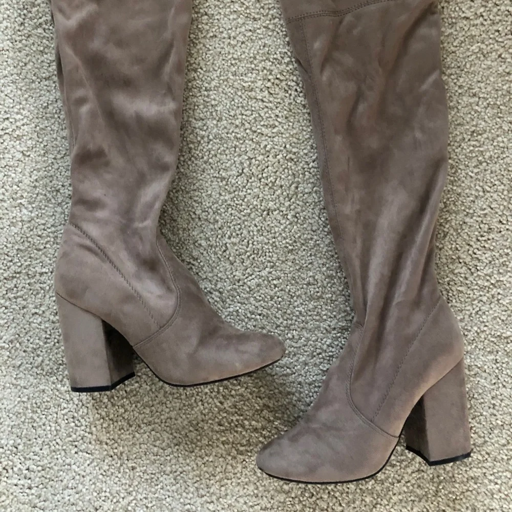 Steve Madden Norri Thigh High Over The Knee Boots Tan Microsuede Block Heel 7